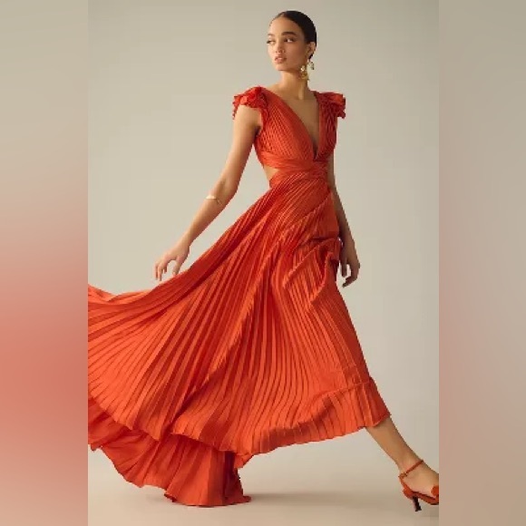 MAC DUGGALPleated Flutter-Sleeve Deep-V Lace-Up Gown Anthropologie